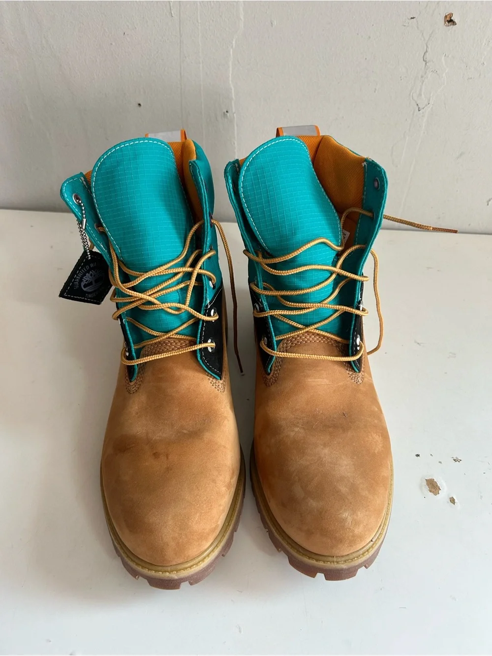 Timberland Tread-light Waterproof Men’s Brown and Teal Lace-Up Work Boots NWOT